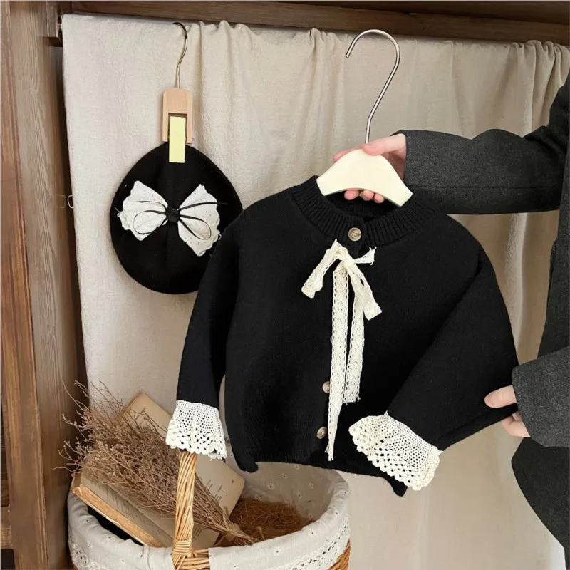 Newborn Baby Girl Princess Knitted Cardigan Lace Bow Tie Infant Toddler Child Knitwear Sweater Spring Autumn Baby Clothes 0-2Y
