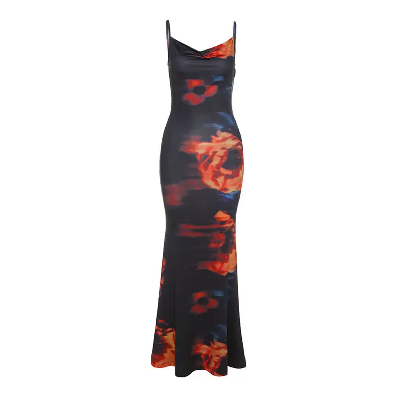 

Elegant Vintage Tie Dye Printed Strapless Sleeveless Long Dresses Sexy Party Wear Black Backless Bodycon Dress for Women