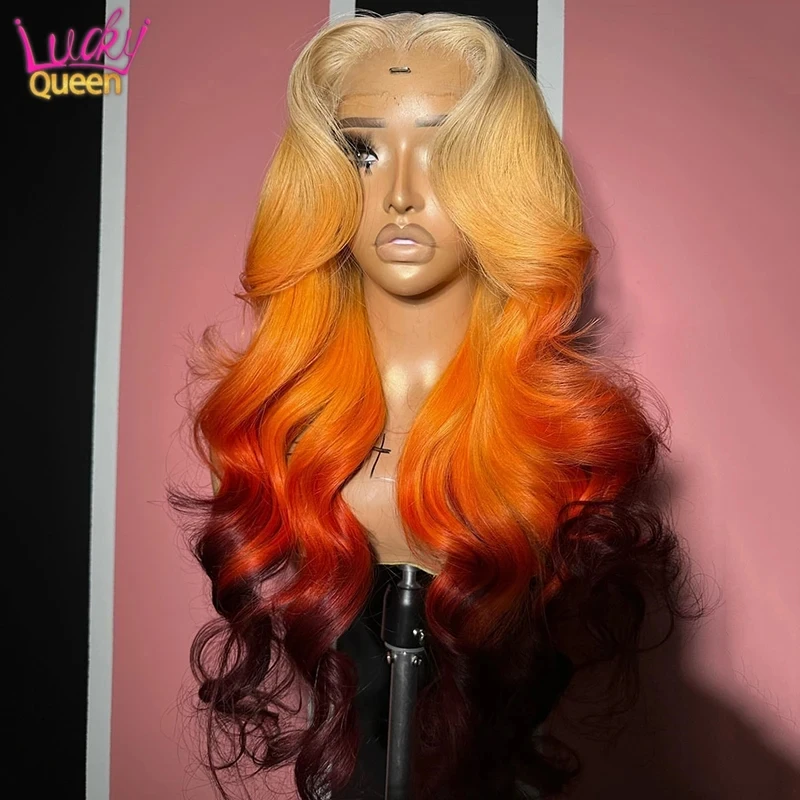 

Ombre 613 Blonde Colored Bright Orange Body Wave 13X4 13X6 Frontal Wig Pre Plucked Transparent Lace Front Human Hair Wavy Wig