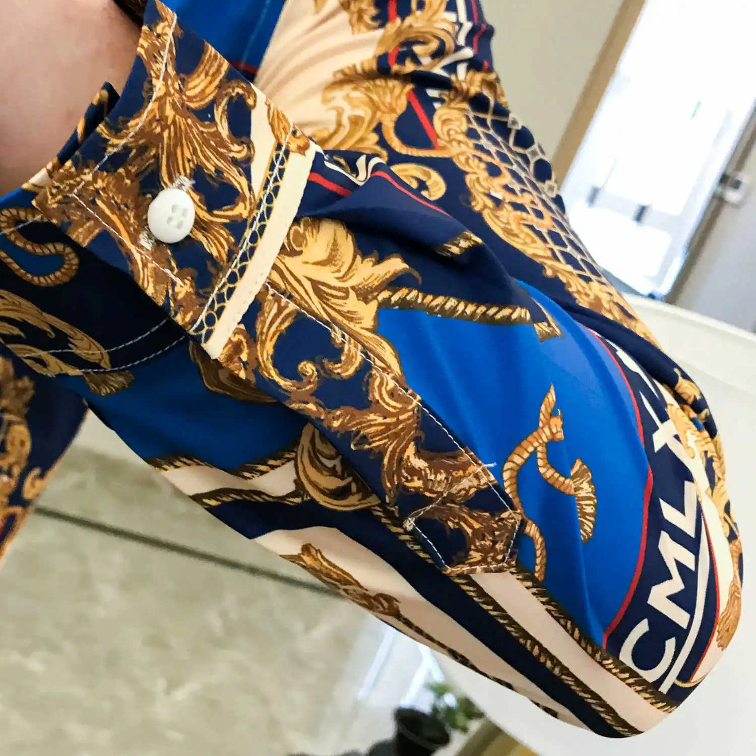 Casual Shirt Men Slim Fit Print Party Club Shirt Luxury Black Gold 201 Autumn Baroque Men Long Sleeve Patchwork