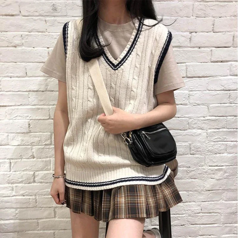 Harajuku Preppy Style V Neck Knitted Sweater Vest Women Autumn Winter Patchwork Sleeveless Vests Sweaters Female Pullovers Y2k women argyle sweater vest 2021 new autumn winter chic v neck knitted vest female casual loose sleeveless sweater pullovers