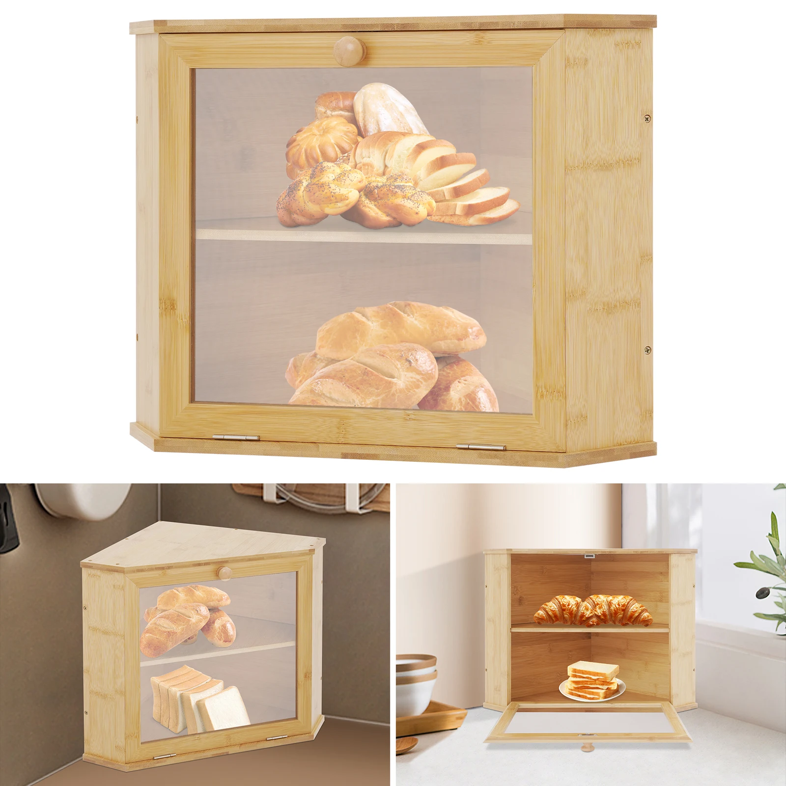 2-stufiger Brotkasten mit großem Fassungsvermögen, Bambus-Küchenarbeitsplatten-Organizer mit Acryltür, modernes dreieckiges Gewürzlagerregal – Detail 7