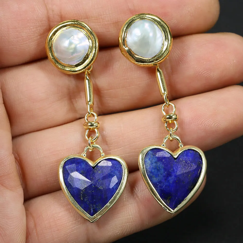 

G-G Real Blue Lapis Lazuli Faceted Heart Keshi Pearl Stud Dangle Chain Earrings Handmade For Women Girls Gifts