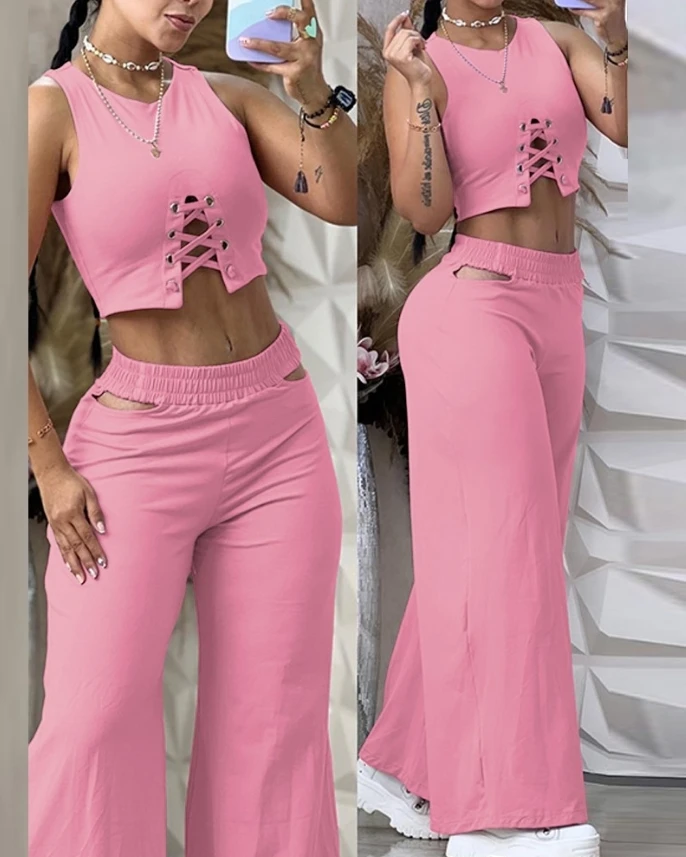 2024 Summer Fashionable and Elegant New Eyelet Cross Cut Top and Cut Wide Leg Pants Set for Women 2-Piece Set