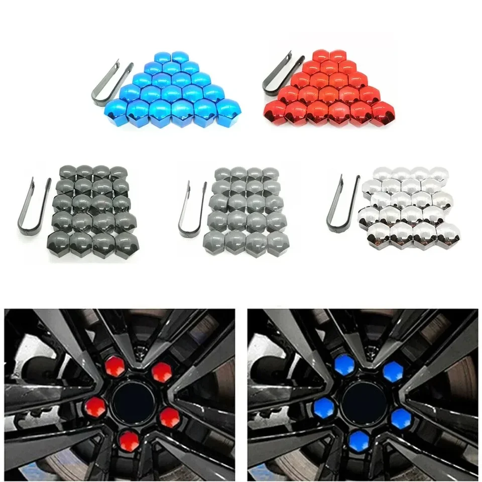 Juego De 20 Tapas Para Tuercas De Rueda - Cubre Pernos De Aleación, Plata/Azul/Rojo | Protección Antipolvo Y Óxido