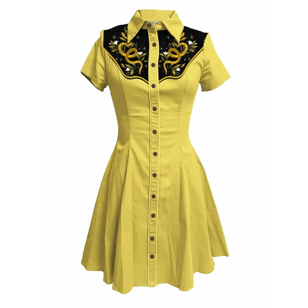 Blumen und Schlangen bedrucktes Western-Cowboy-Kleid für Damen, Button-Down-Kleid, kurze Ärmel, 100 % Baumwolle, cooles Punk-Streetwear – Detail 17