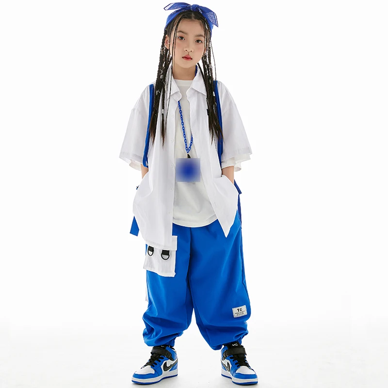 Children Hip Hop Costume Street Dance Outfits Fashion White Shirt Blue Pants Boys Hiphop Performance Clothes Girls Wear BL10892