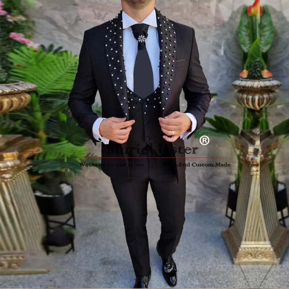 

Exquisite Stone Beading Suit Men For Wedding Classic Black Jacket Pants 3 Pieces Groom Tuxedos Tailored Trajes De Hombre Elegant