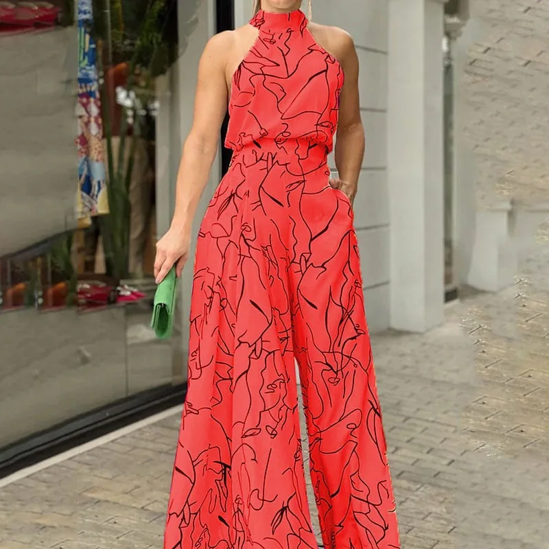 AliExpress Women's 2024 New Popular Elegant Round Neck Tie up Zipper Sleeveless Off Shoulder Style Loudspeaked Wide Leg jumpsuit