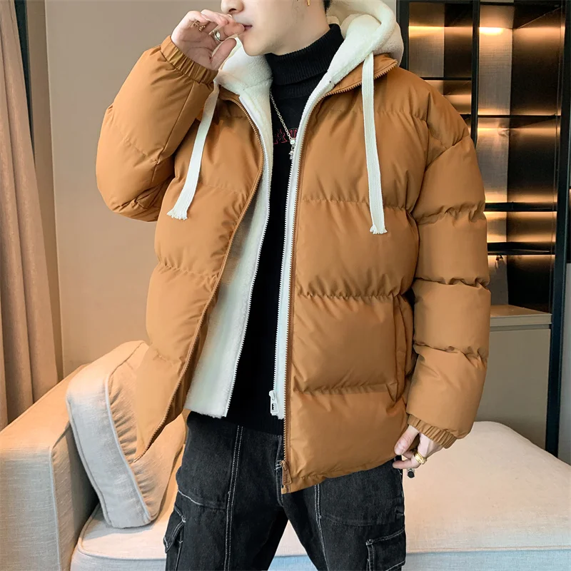 Lässige Herren-Jacken mit Baumwollpolsterung, warme Winter-Parkas, Oberbekleidung, solider Lamm-Plüsch-Daunenmantel mit Kapuze, winddicht, verdickte Oberteile, Kleidung – Detail 10