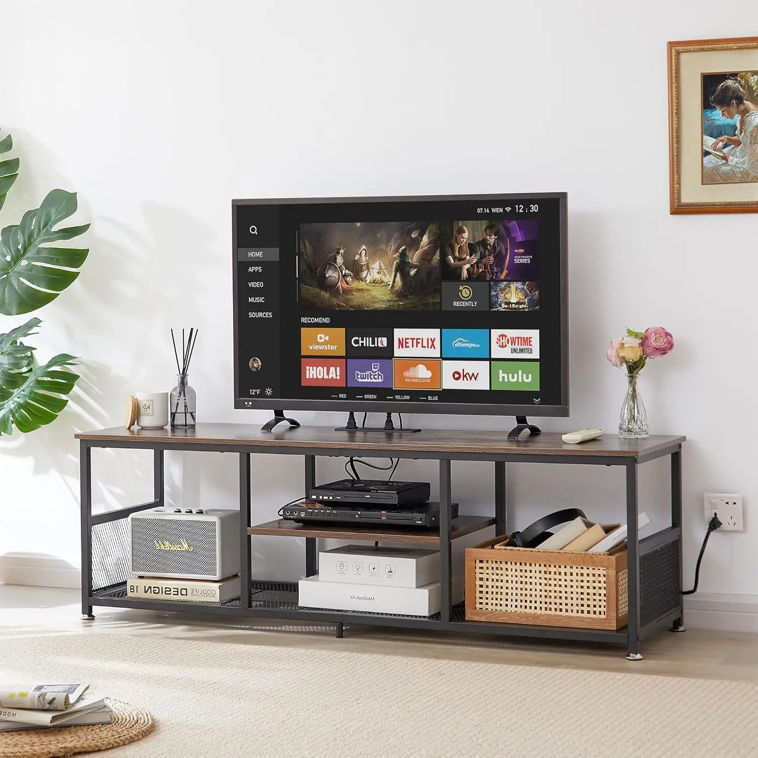 55" TV Stand with Power Outlets & Charging Station, Media Console for TVs up to 65", 3-Tier Shelves, Brown Metal Frame