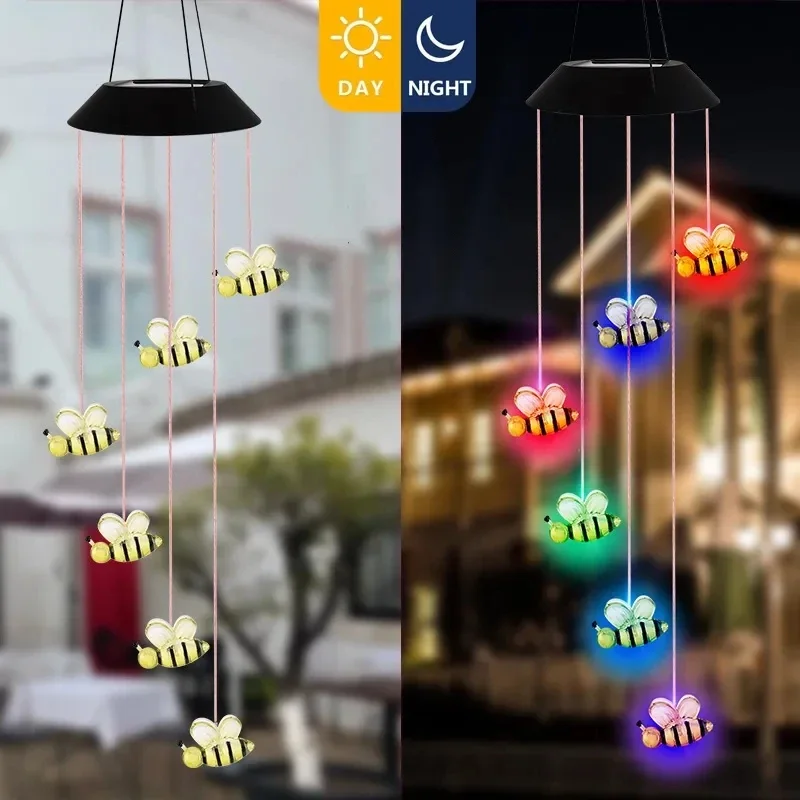 LED Wind Chime Light Colorful Bee Snowflake Wind Bell Solar Lamp for Bedroom Garden Decoration Party Atmosphere Decoration Light