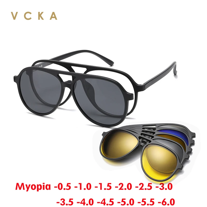 

VCKA 6 In1 Pilot Polarized Myopia Sunglasses Magnetic Clip Men Women Glasses Optical Prescription Classic Eyewear -0.5 to -6.0