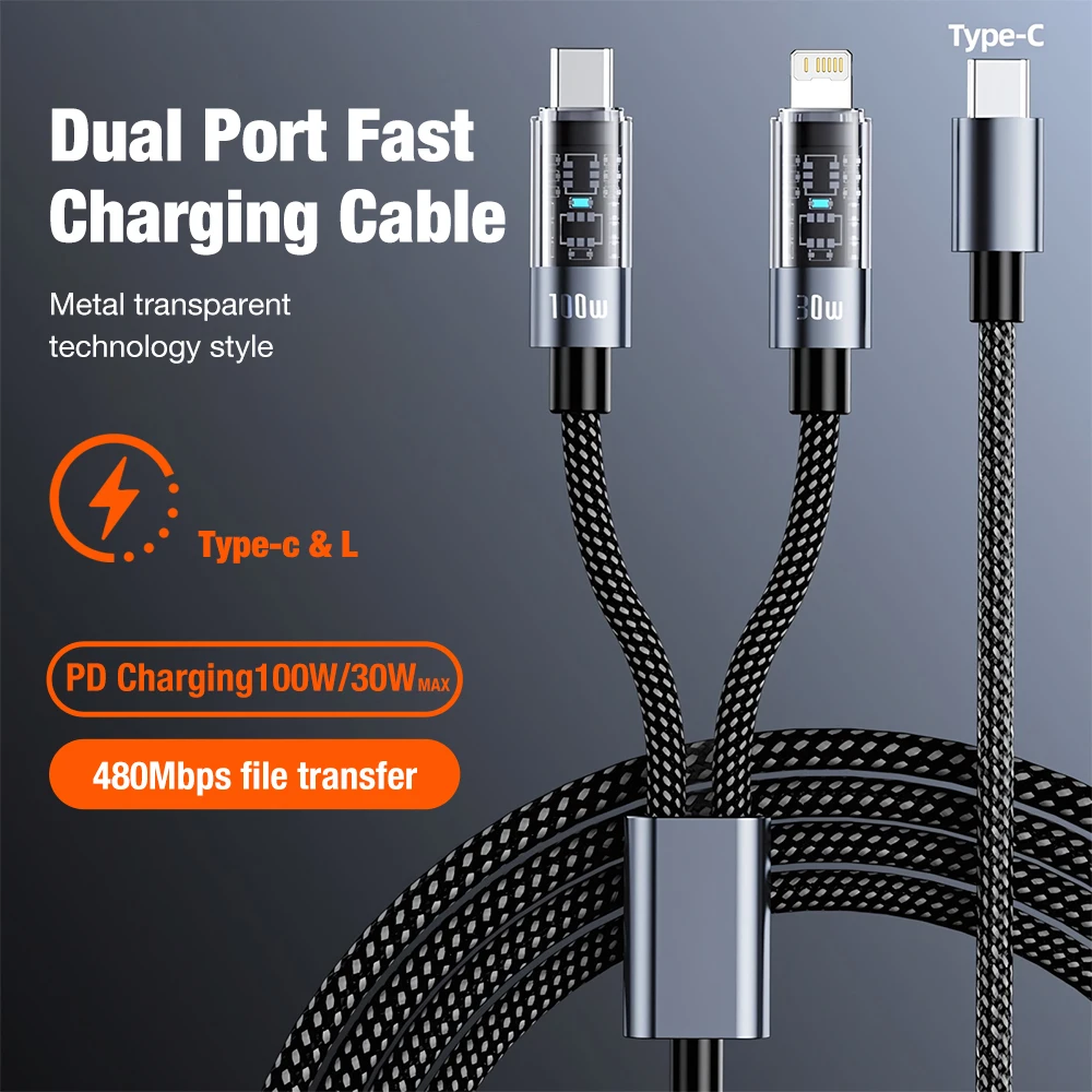 High-Power 2-in-1 100W Fast Charging USB-C to L-Shaped Type-C Cable, 1.2m