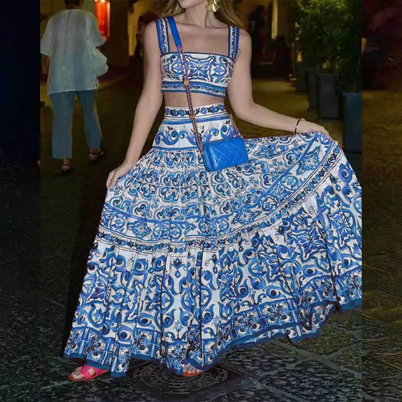 عطلة الصيف الأصفر الأزهار قطعتين النساء تنورة مجمو...