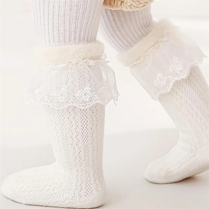 Adorable Baby Girl Knee High Socks Soft Cotton Lace Trim Elastic Breathable Warm Comfortable Fashion Stockings for Toddlers