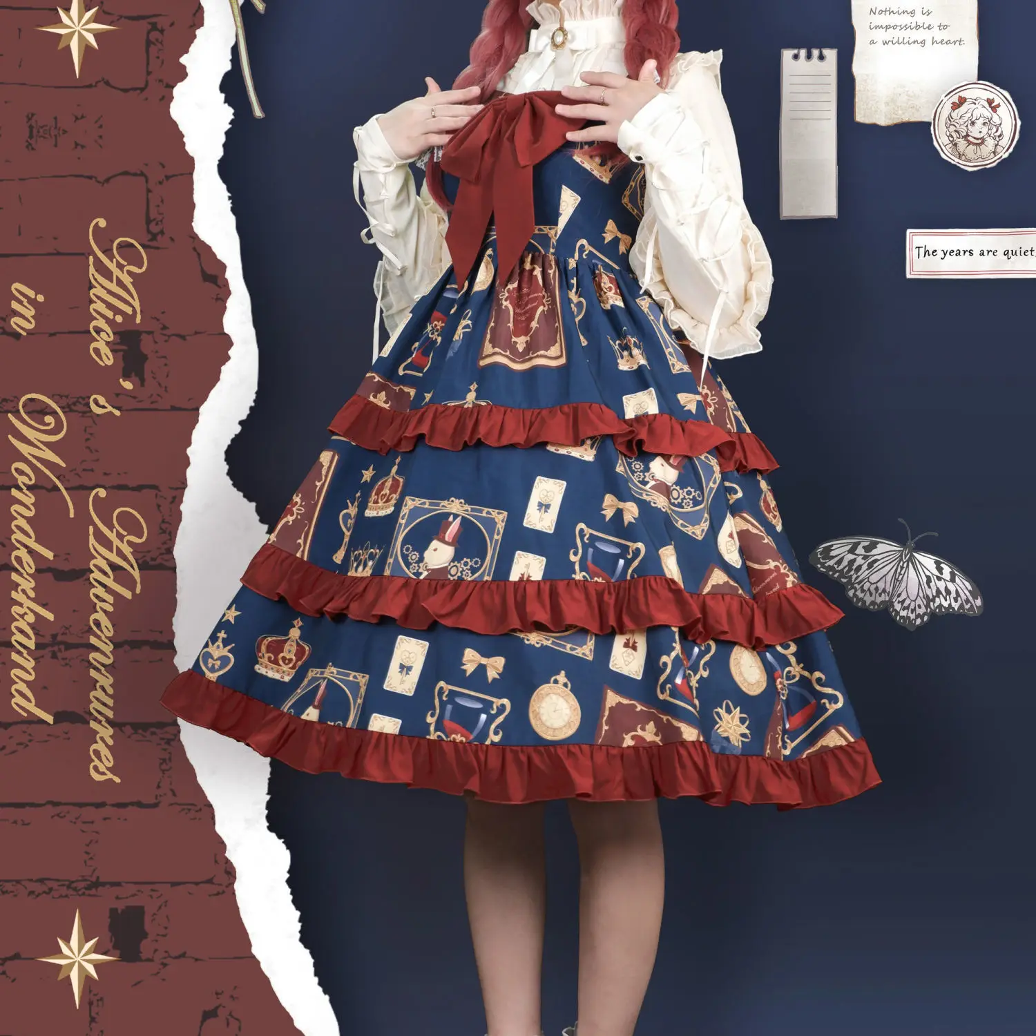 

Victorian Vintage Lolita Jsk Dress Women Cute Cartoon Print Sweet Lolita Bow Ruffles Princess Lo Strap Dresses Three-stage Cla