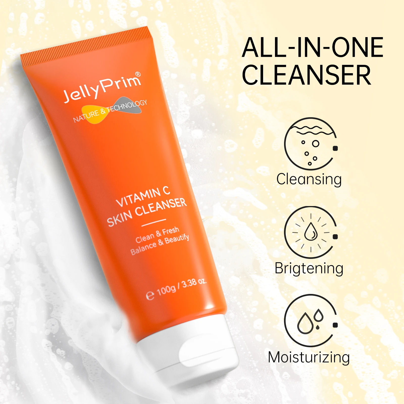 Jellyprim Vitamin C Cleanser Face Wash Foam Facial Cleansing Moisturizer Skin Care Anti Acne Blackhead Remove Whitening Lotion 3