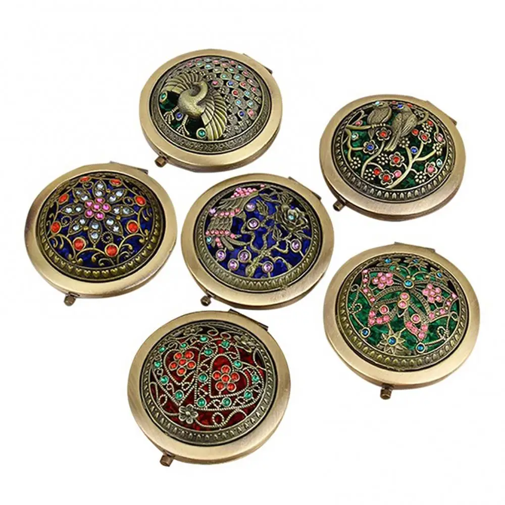 Gift Mini Makeup Mirror Round Vintage Hollow Flower Folding Pocket Double-sided Gift
