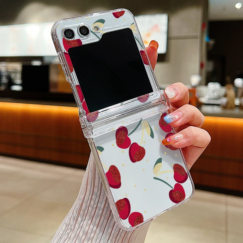 Clear Folding Phone Case with Cute Cherry Pattern - Durable PC Hard Cover
