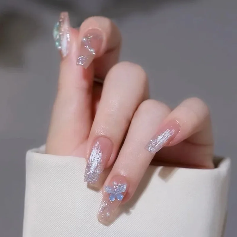 

24pcs Butterfly Transparent Fake Nails Broken Diamond Design Fake Nails Art Full Coverage Artificial Waterproof Press on Nail