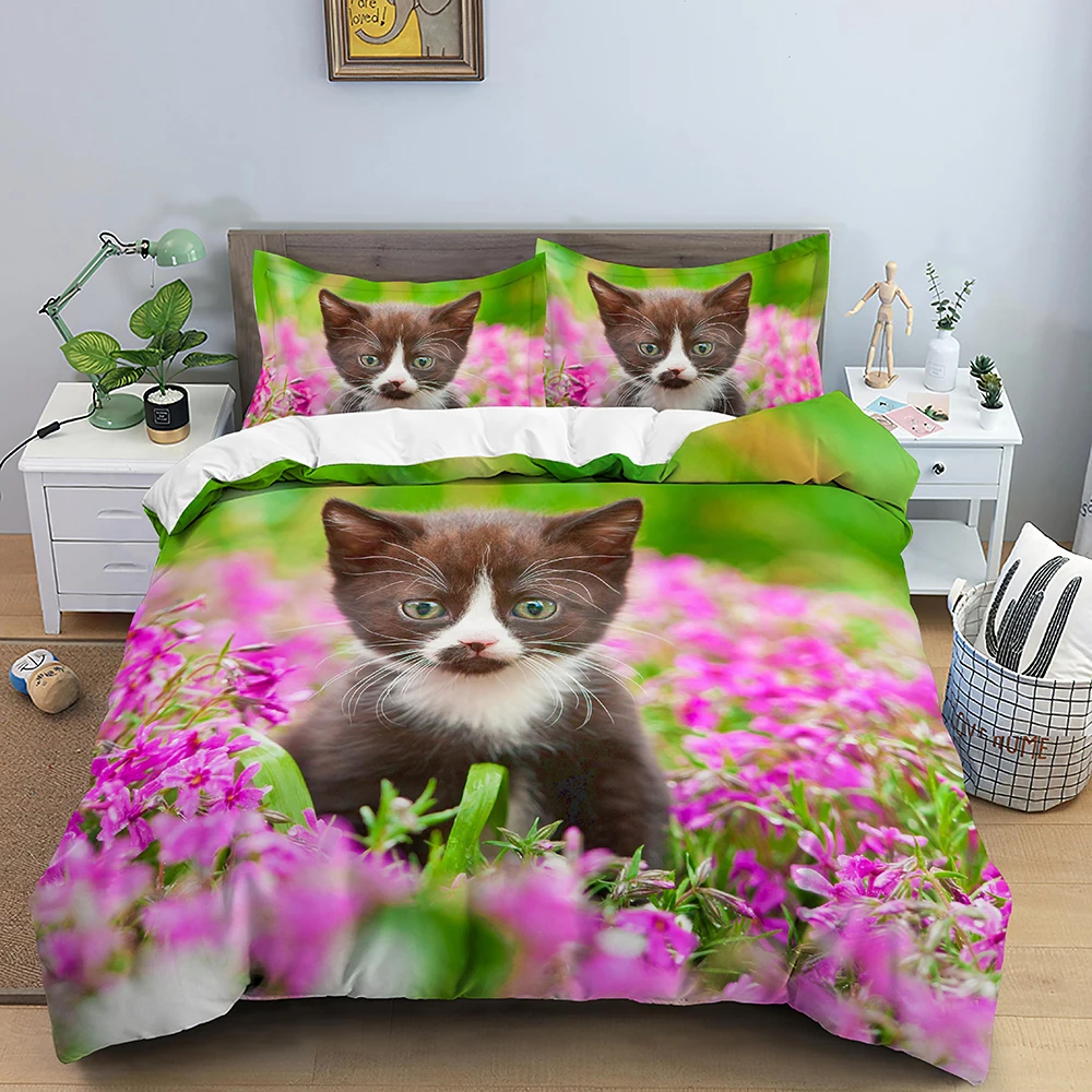 3d Cat Printed Bedding Set Duvet Cover King Size With Zipper Closure