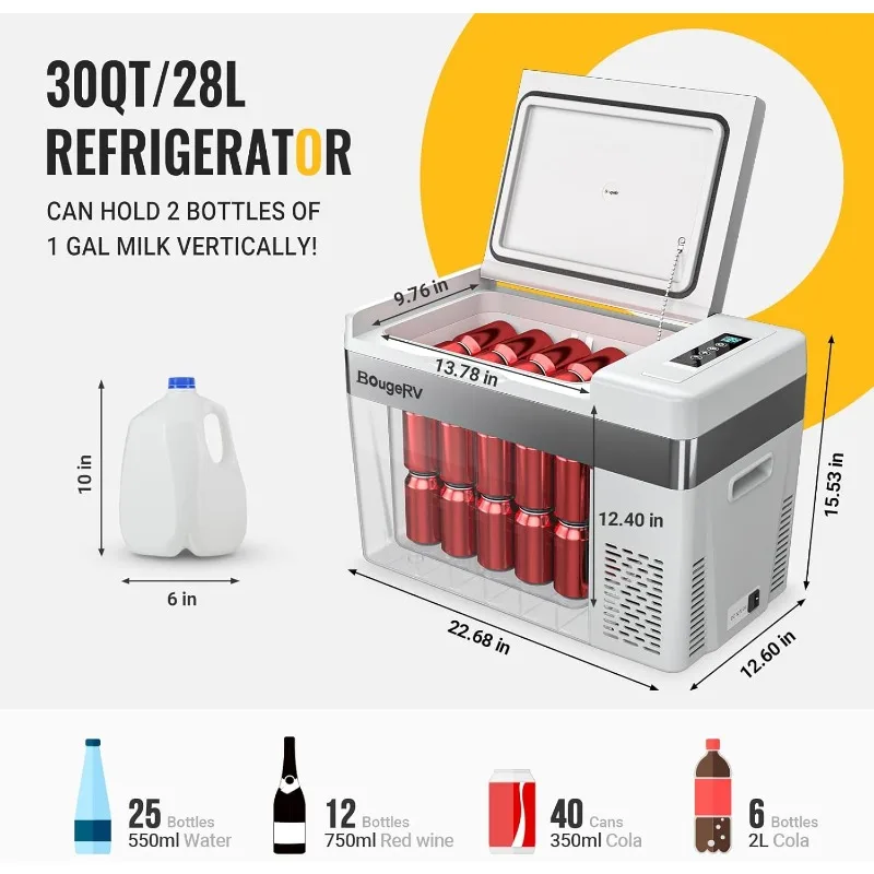 BougeRV 12 Volt Refrigerator 12V Car Fridge 30 Quart Portable Freezer Compressor Cooler -7℉~50℉ Compressor Freezer