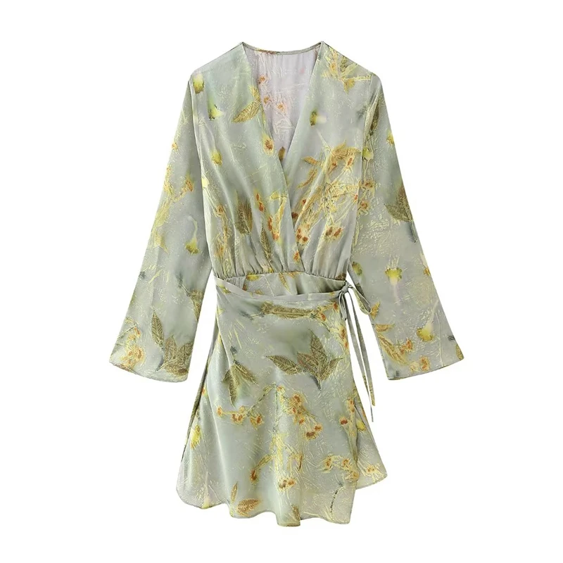 

2023 Autumn New V-neck Long-sleeved Waist Slimming Printed Dress, Loose And Comfortable Tie Miniskirt