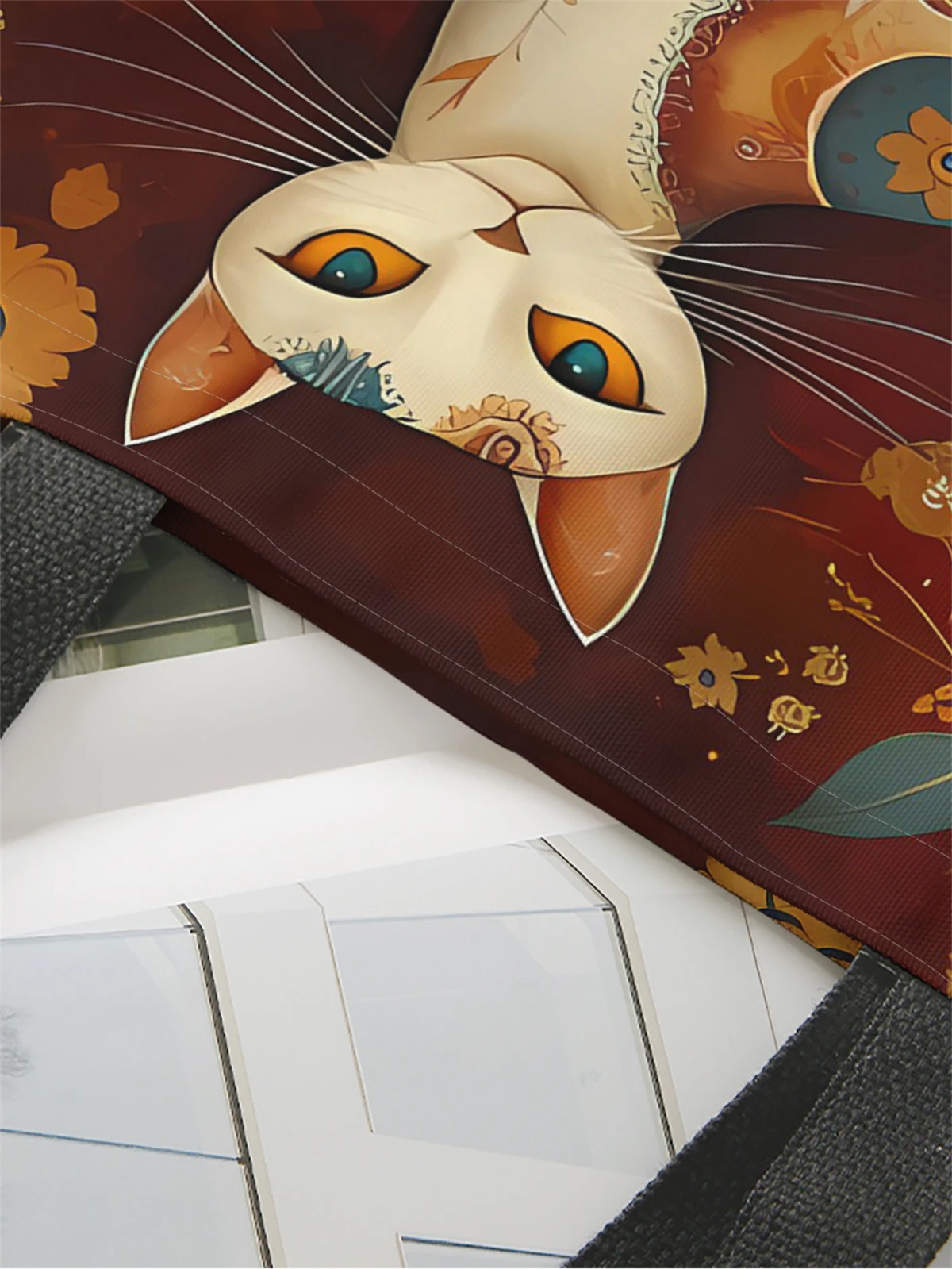 1pc,flower cat handbag, reusable fashionable handbag, multifunctional handbag, printed canvas shopping bag