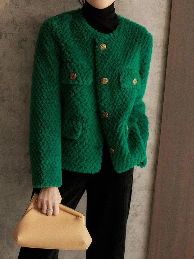 

Winter Jacket for Women Green O-Neck Cashmere Imitation Lamb Fur Short Coats Thickening Warm Temperament Elegant Women's Jackets