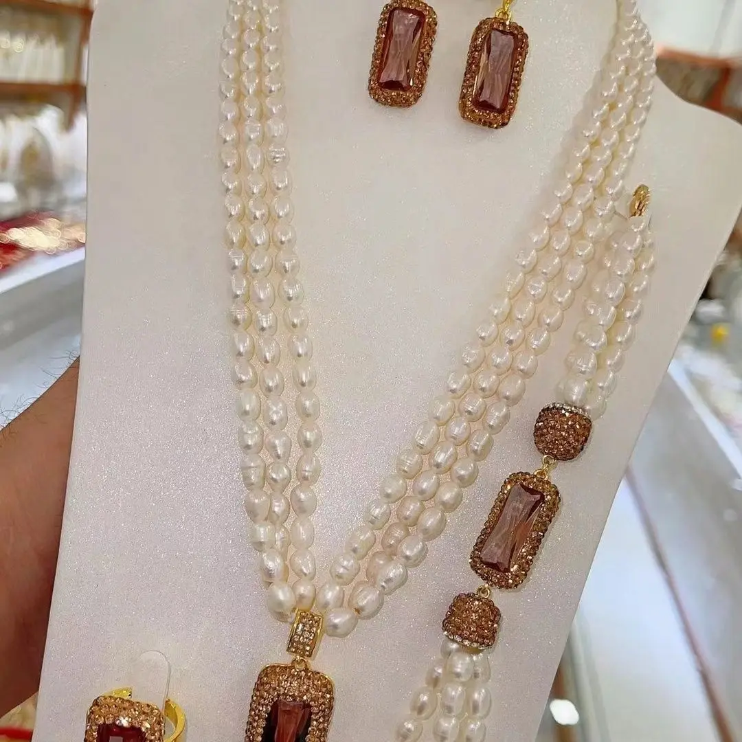 New Dubai Jewelry Multi layered Freshwater Pearl Necklace Earrings Women's Ring Bracelet Bridal Wedding Jewelry Set YY10164