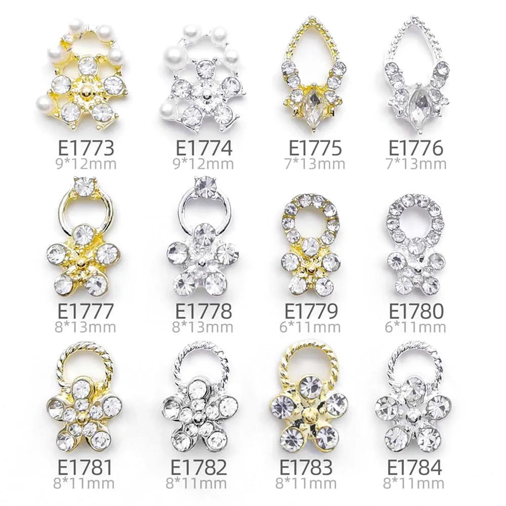 

10Pcs 3D Metal Flower Nail Charms Alloy Ring Pendant Accessories Gold/Silver Five Petals Rhinestone Parts Nail Art Jewelry