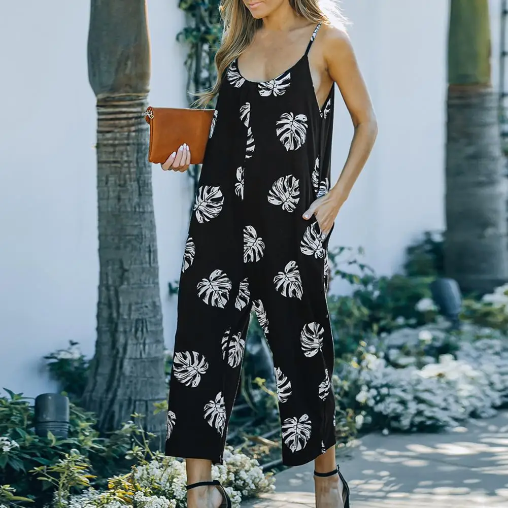 

Women Jumpsuits Floral Prints Off-Shoulder Loose Long Trousers Casual Wear Sleeveless Spaghetti Strap Loose Romper Overalls