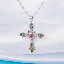 

Women Pink Rhinestone Cross Pendant Vintage Chains Collar Necklace Collares Goth Accessories Valentines Day Gift