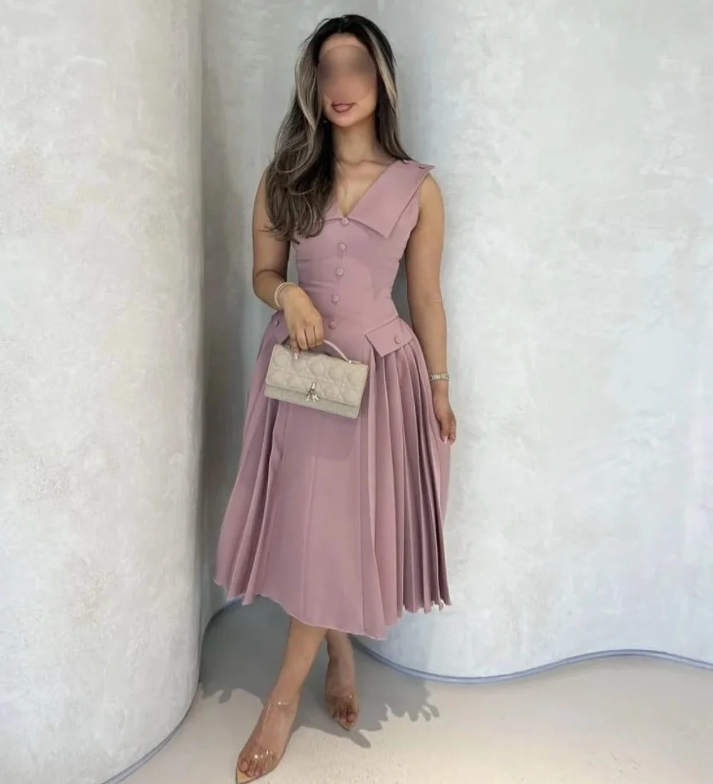 Customized Fashion Jersey Pleat Button A-line V-neck Midi Dresses Bespoke Occasion Homecoming High Quality Matching Seefb870ea3f5491fa4da6a1d93a66bffb