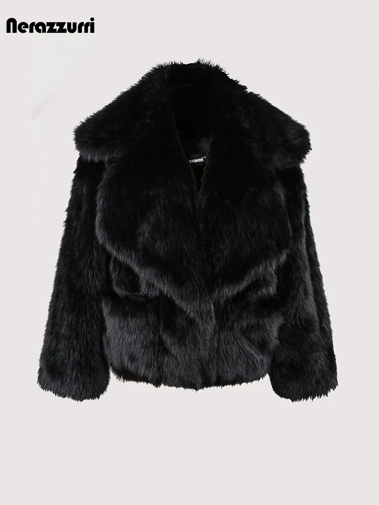 Nerazzurri Winter Short Loose Casual Hairy Soft Thick Warm Pink Faux Fur Coat Women with Big Collar and Pockets Fluffy Jacket 3