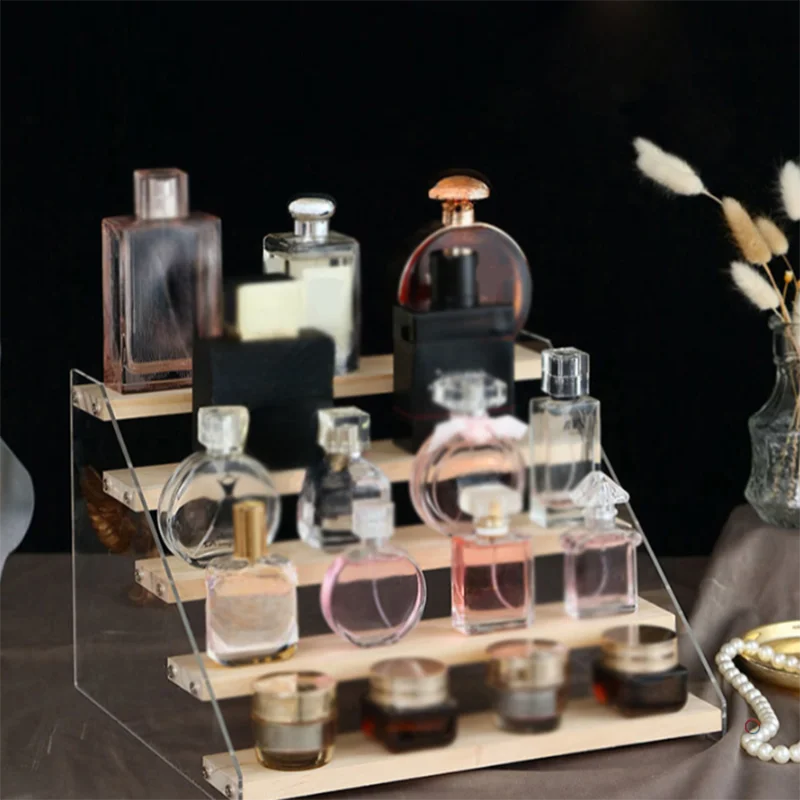 3-5 Layer Acrylic Wood Display Stand Cupcakes Perfume Cosmetic Holder Showcase Organizer Doll Mini Figure Toy Model Storage Rack 6