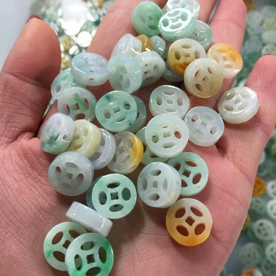 

5pc Natural Jadeite Money Beads For Jewelry Making Diy Necklace Bracelet Charms Myanmar Jade Double Sided Hollow Bead Accessorie