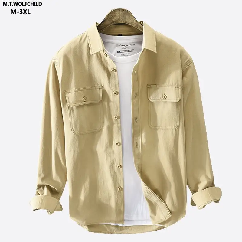 

100% Cotton Tooling Shirt For Men Autumn Vintage Casual Men Coats Streetwear Mens Shirts Fashion Clothing Slim Fit Men Blouse