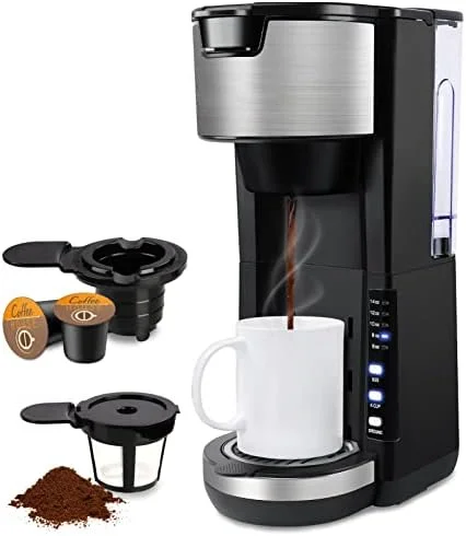

Serve Coffee Maker K Cup & Ground Coffee, One Cup Brews 6-14 Oz in 2 Mins, Fits Travel Mugs, with 30 Oz Removable Water Tank Fal