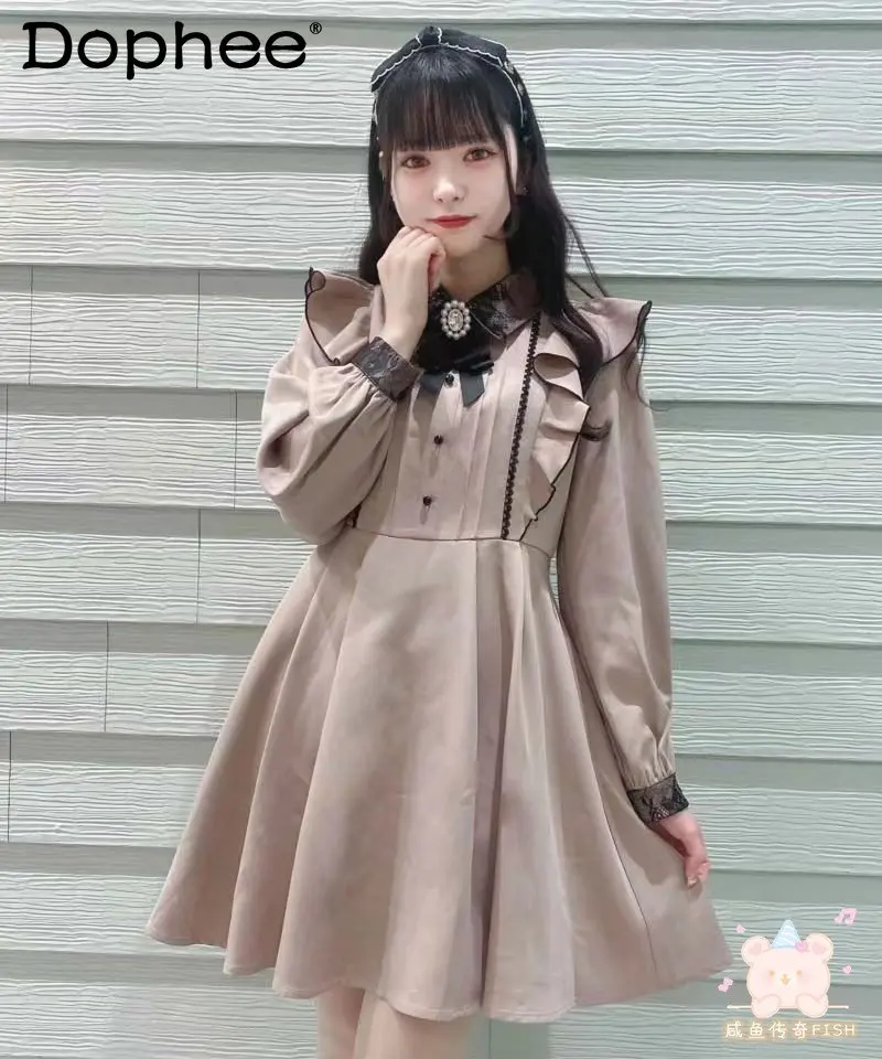 

Japanese Lolita Dress for Women Elegant Lace Ruffles Sweet Pink Bow Long Sleeve Midi Dress 2023 Spring New Preppy Style Vestidos