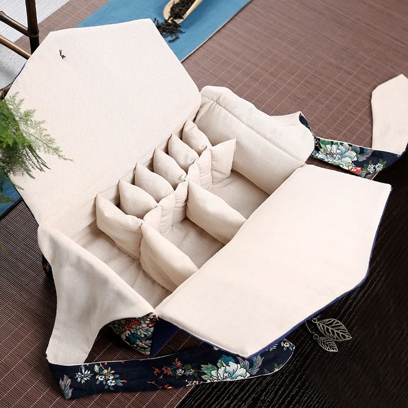 Cotton and Linen Tea Set Cloth Bag Teapot Teacup Folding Storage Bag Portable Travel Tote Organizer Outdoor