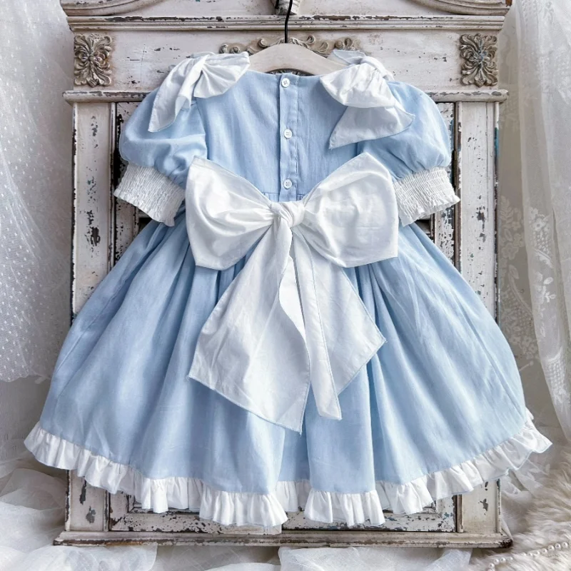 Princess wind light blue cotton and linen handmade beaded girls  short-sleeved dress - AliExpress 1501