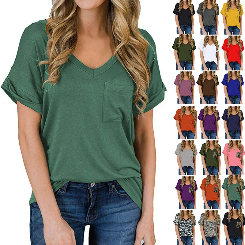 

Summer T Shirt Women Raglan Sleeve T-shirt Casual O-neck Short Sleeve 2021 Fashion Leopard Pocket Tops Tee Shirts Female Tshirts
