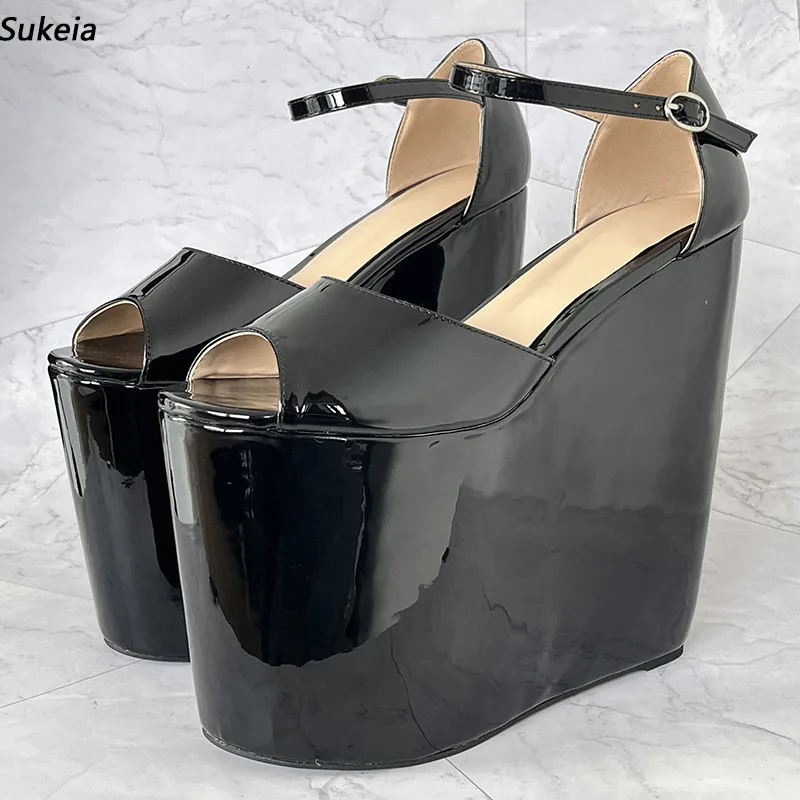 

Sukeia Real Photos Women Shiny Platform Sandals Ultra High Wedges Heels Peep Toe Nice Black Casual Shoes Ladies US Size 4-15