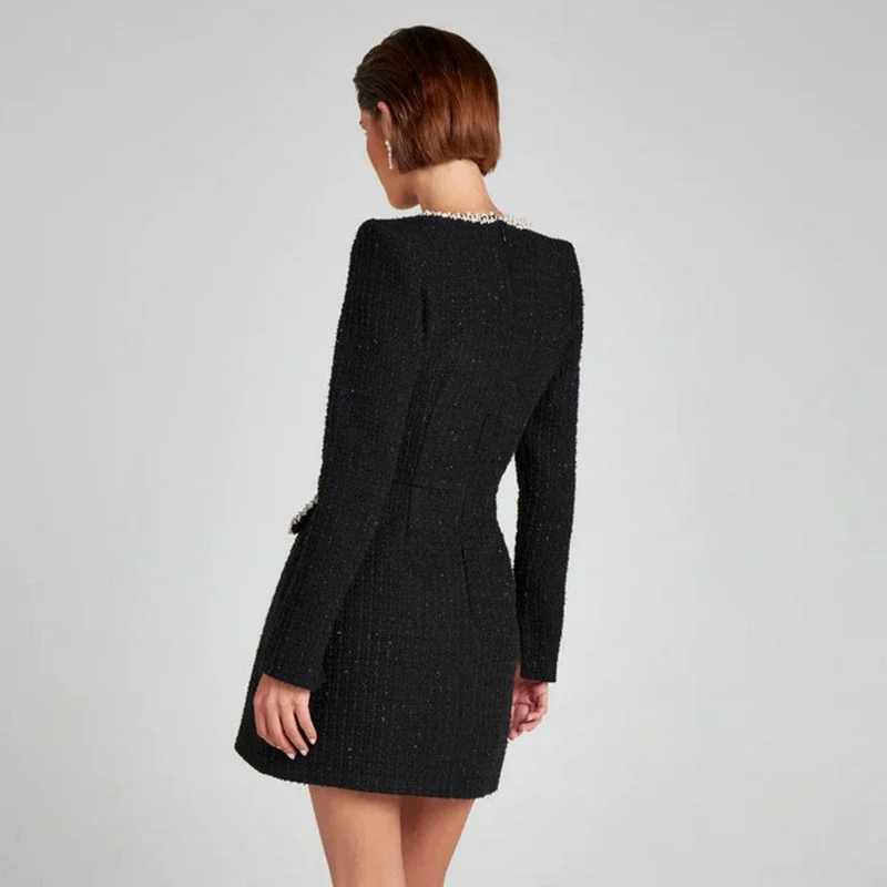 Elegant Tweed Short Party Dress Women Long Sleeve Square Collar Fake Pocket Evening Dresses Autumn Shiny Slim A-line Robes