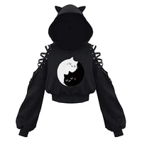 Y2k Gothic Womens Hoodie Cat Ear Crop Top Hooded Sweatshirt Hollow Out Lace Up Long Sleeve Hodded Casual Pullover Autumn - Image 3