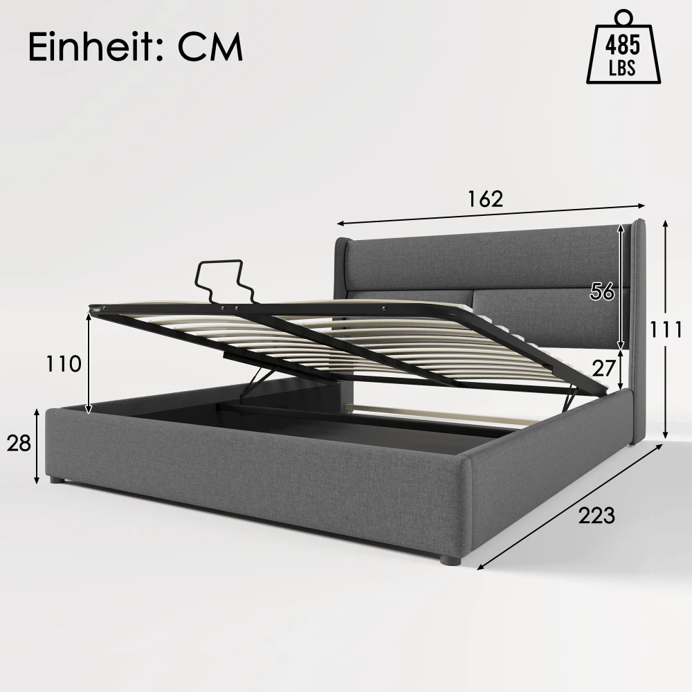 Gepolstertes Bett, Doppelbett mit verstellbaren Kopfstützen, hydraulischem Bettrahmen, Leinenbett mit Metalllattengitter (ohne Matratze) – Detail 21