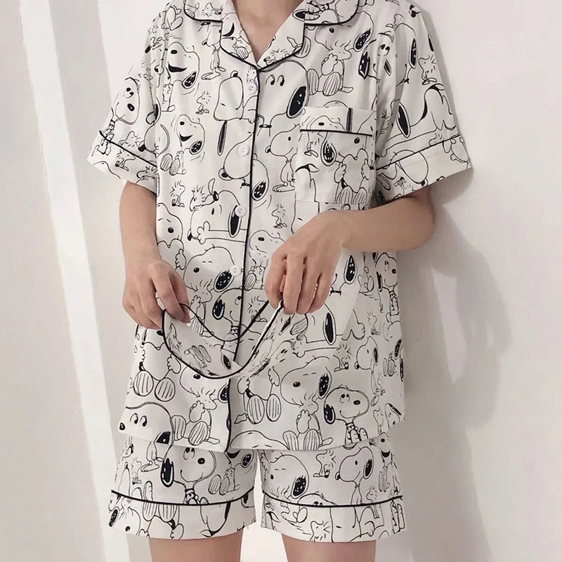 2022 New Summer Ladies Pajamas Cotton Soft and Comfortable Lapel Cardigan Short-sleeved Two-piece Casual Home Wear |