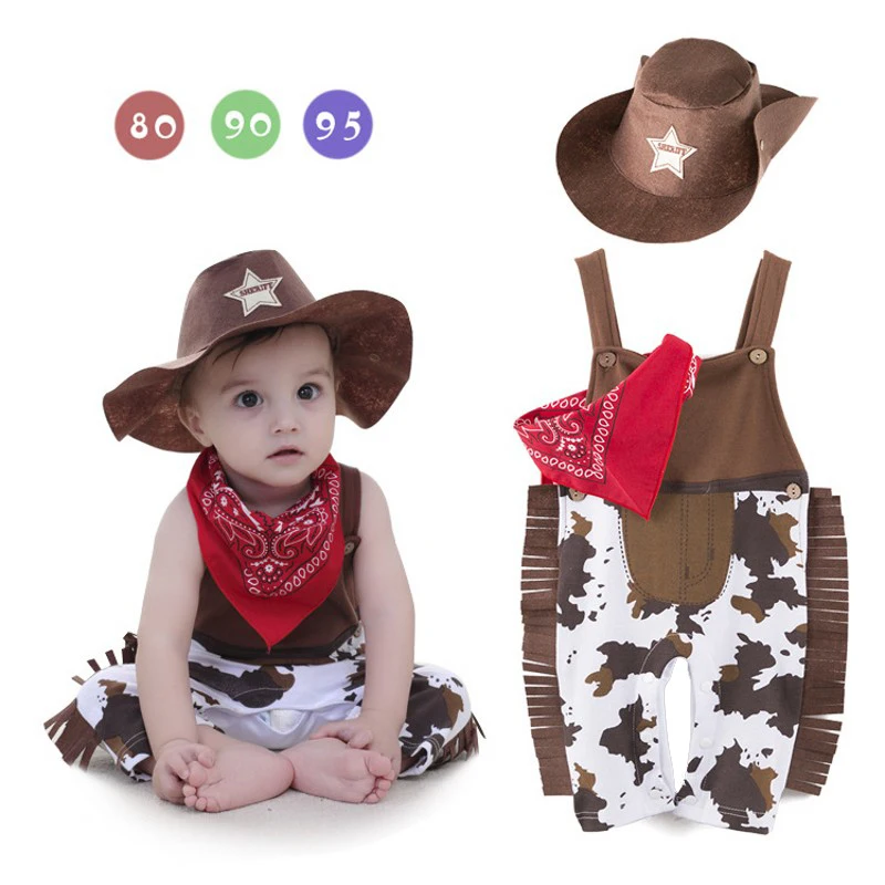 

3PCS Toddler Baby Boy Girl Clothes Sets Carnival Fancy Dress Party Costume Cowboy Outfit Romper +Hat+Scarf Sets